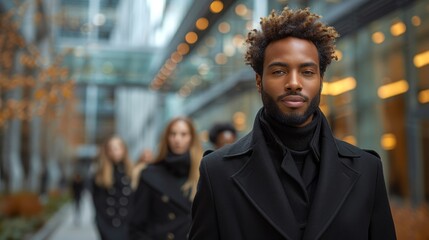 Fototapeta premium Young businessmen and businesswomen dressed in modern black walking in a large modern office outdoor environment exude confidence and unity