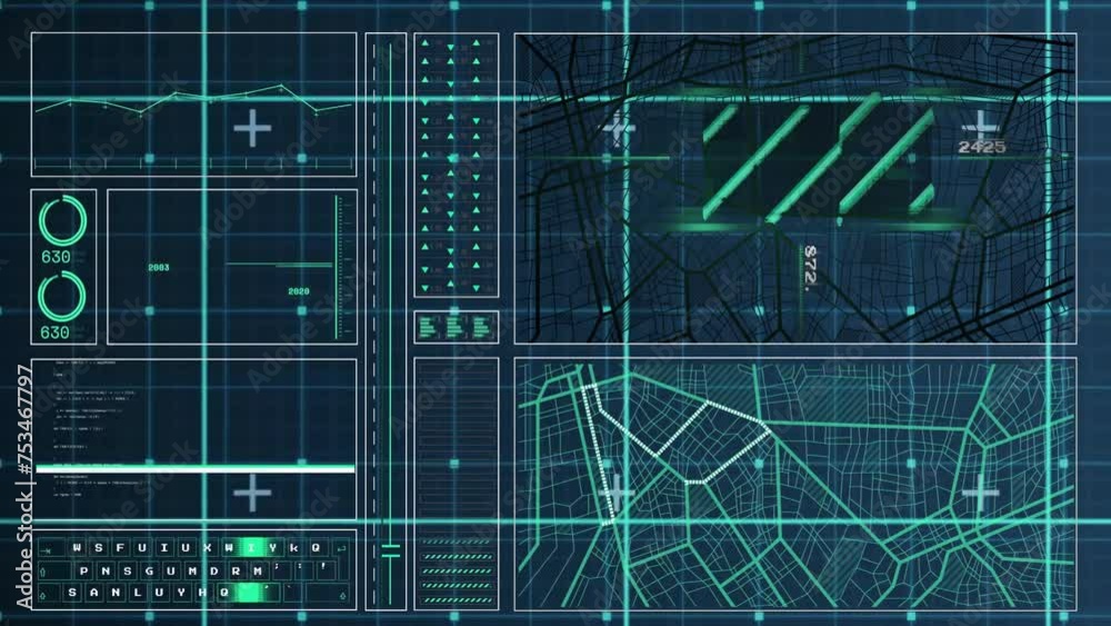 Poster animation of digital data processing over grid on dark background