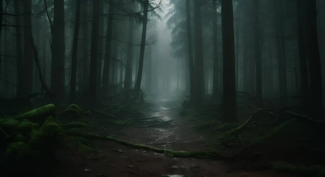 Atmospheric forest in fog, mysterious path