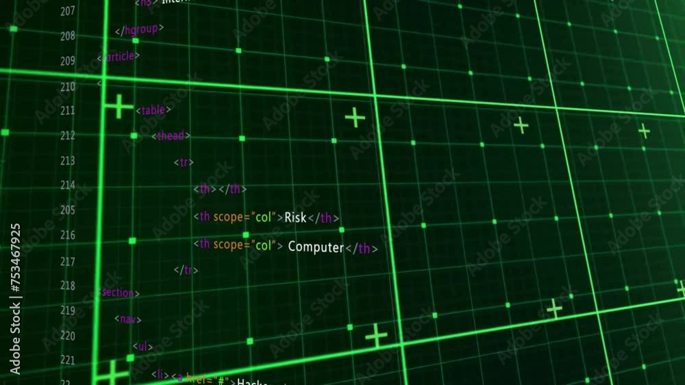 Poster animation of digital data processing over grid on dark background