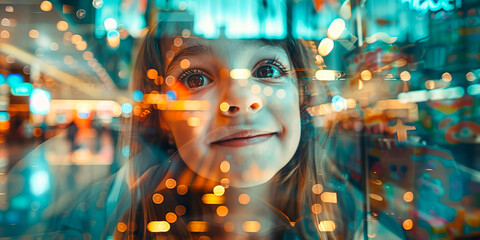 Conceptual photo with a double composition, a little girl concentrating looks toys at in the window of decorated shopping mall