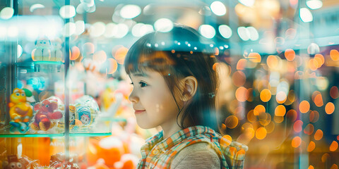 Conceptual photo with a double composition, a little girl concentrating looks toys at in the window of decorated shopping mall - obrazy, fototapety, plakaty