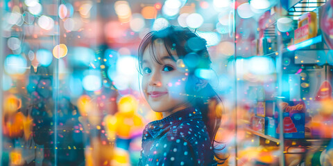 Conceptual photo with a double composition, a little girl concentrating looks toys at in the window of decorated shopping mall - obrazy, fototapety, plakaty