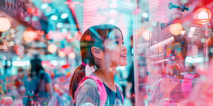 Conceptual photo with a double composition, a little girl concentrating looks toys at in the window of decorated shopping mall