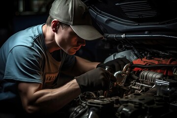 Professional auto technician performing maintenance on vehicle under bright lights