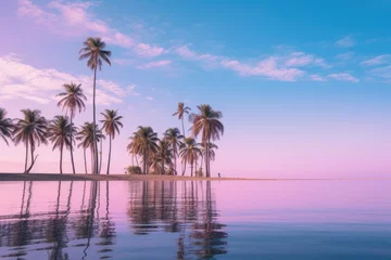 Gordijnen Tranquil palm tree reflection in calm water with cotton candy sky © Александр Раптовый