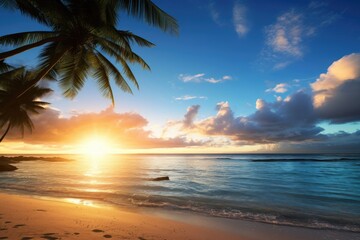 Idyllic seaside landscape with palm trees and sunrays conveying warmth and hope - obrazy, fototapety, plakaty