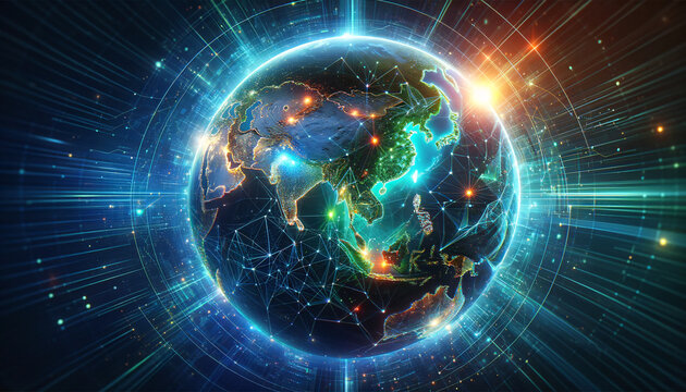 An abstract digital illustration of Earth focusing on South East Asia, symbolizing global network and connectivity