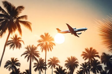 Airplane flying above palm trees in clear sunset sky with sun rays. Concept of traveling, vacation...