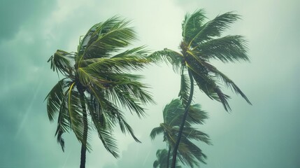 Coconut trees blown by strong winds in a tropical storm under an overcast sky, natural disaster concept. - obrazy, fototapety, plakaty