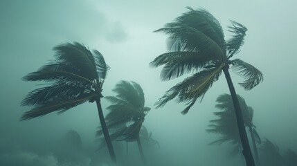 Coconut trees blown by strong winds in a tropical storm under an overcast sky, natural disaster concept.