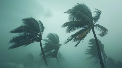 Poster de jardin Brésil Coconut trees blown by strong winds in a tropical storm under an overcast sky, natural disaster concept.