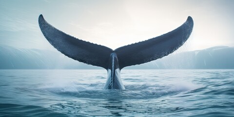 In a dance of elegance, the humpback whale's tail emerges from the depths, painting a vivid seascape against the vast canvas of the ocean, a testament to its grace and power.
