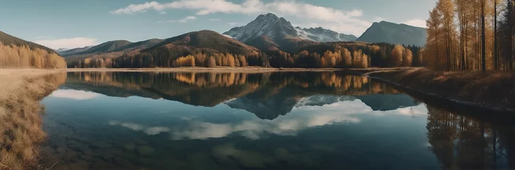 Papier Peint photo autocollant Réflexion In autumn, A serene lake reflects the majestic mountain and surrounding forest of yellow-leaved trees. ai generative