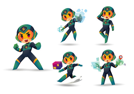 green little Super Hero Boy Mascot Character Set 2