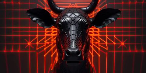 Foto op Plexiglas In the shadows, a portrait reveals the regal profile of a black bull, its form highlighted against the black background, leaving room for text or design element © jambulart