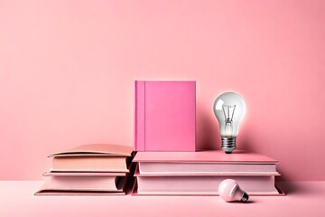 mock up of stacked pink book and light bulb in minimal design on pink background