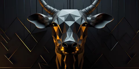 Muurstickers In the shadows, a portrait reveals the regal profile of a black bull, its form highlighted against the black background, leaving room for text or design element © jambulart