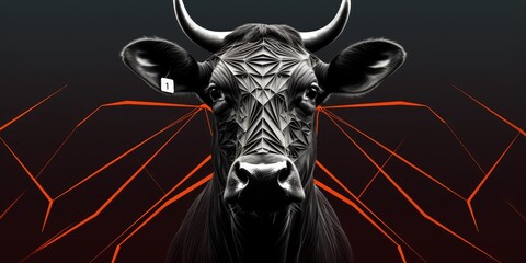 In the shadows, a portrait reveals the regal profile of a black bull, its form highlighted against the black background, leaving room for text or design element