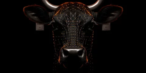 Foto op Canvas In the shadows, a portrait reveals the regal profile of a black bull, its form highlighted against the black background, leaving room for text or design element © jambulart