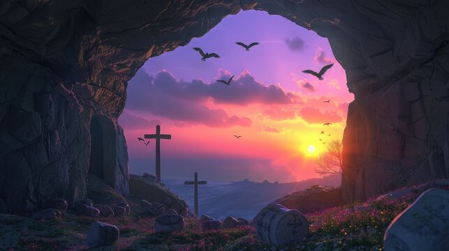 Doves fly out of empty caves and tombs at dawn with rolling stones. Resurrection Concept - Cross on the Hill