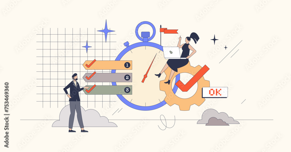 Wall mural Productivity tools for effective or productive work retro tiny person concept. Professional job tasks management and just in time performance before deadline vector illustration. Workplace efficiency