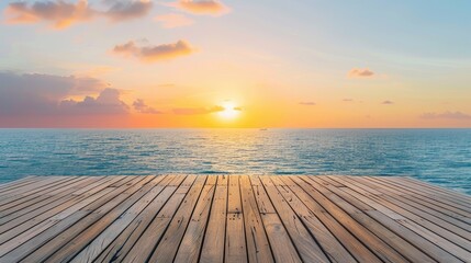 Fototapeta na wymiar Empty wooden deck with peaceful sunset over natural background, ocean horizon.