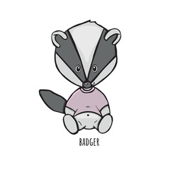 little badger sitting in clothes vector children's illustration