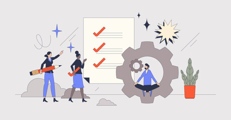 Task management and effective work organization retro tiny person concept. Schedule and plan for business efficiency vector illustration. Project organization and activities for productivity boost.