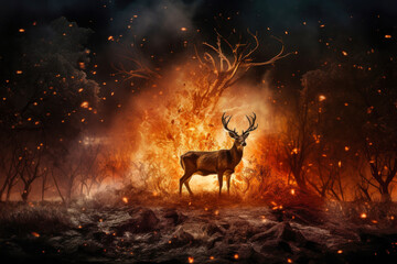 A deer stands in front of a fiery forest, highlighting the urgency of environmental issues like forest fires