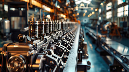 Detailed view of a high-tech machine with multiple gears, part of the modern engine production process at a factory