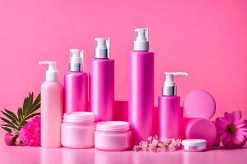 Obraz na płótnie Canvas Skincare products, pink plastic bottles and containers with face cream, lotion and cleanser, beauty products on pink background, side view studio photo