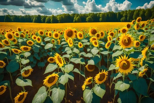 Glade with sunflowers painted with oil paints. Picture for postcards and design. Beautiful landscape of Ukrainian fields.