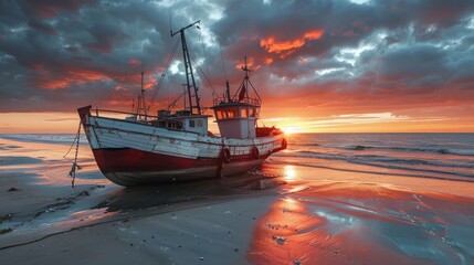 Fishing boat concept on the Baltic sea beach in Jantar at sunset, Poland. - obrazy, fototapety, plakaty