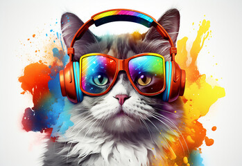 Fototapeta premium wallpaper kitten in music style, 2d art, smooth brush movements, fawncore, vivid colors, silver, urban emotions, painting