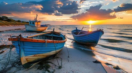 Fishing boat concept on the Baltic sea beach in Jantar at sunset, Poland. - obrazy, fototapety, plakaty