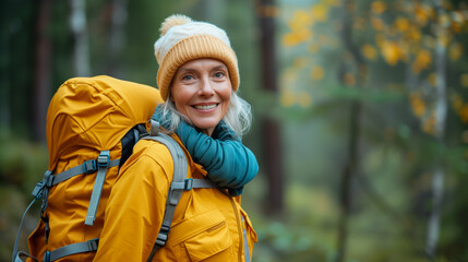 An elderly woman with a backpack smiles during an outdoor walk in nature, depicting an active lifestyle. Ai generative
