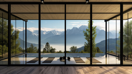 Modern yoga space with panoramic alpine forest view. Mindfulness and nature concept Generative AI