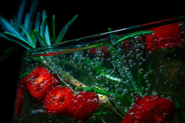 alcoholic cocktail with ice and rosemary and pepperoni on a black background, macro