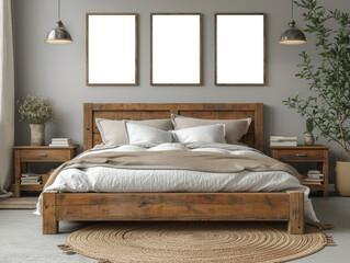 A cozy bedroom interior with a wooden bed and framed blank canvases on the wall. Ai generative illustration