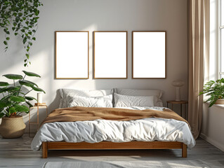 A cozy bedroom interior with a bed, empty frames on the wall, and plants. Ai generative illustration