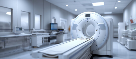 An MRI machine in a clean and modern medical facility with computers and other equipment. Ai generative - obrazy, fototapety, plakaty
