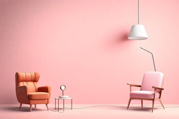 Clothes hanging on a rack, lamp and armchair on pink background. Creative composition. Light background with copy space.