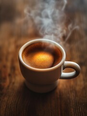 Close-up view of a steaming coffee cup on a rustic café table, capturing the essence of morning rituals and urban lifestyle