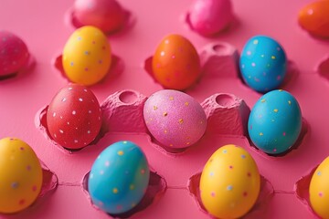 Fototapeta na wymiar Vibrant Easter Eggs Nestled in Soft Pink Hues Celebrating Springtime Fertility