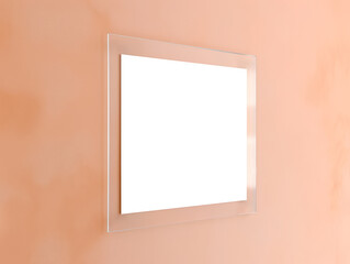 A blank poster encased in glass is affixed to a peach-colored wall as a mock up for advertising or display purposes. Ai generative illustration