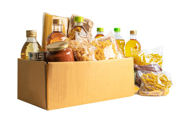 Foodstuff for donation isolated on white background, storage and delivery. Various food, pasta,...