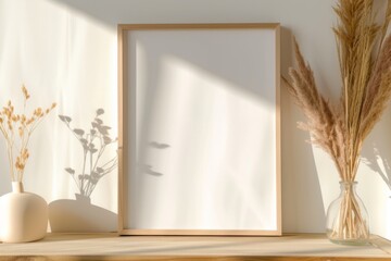 Photo frame mockup in a living room with soft light casting shadows on a white wall, adorned with wooden decor and dry grass
