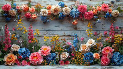 Fototapeta premium Flowers frame on white wooden background. Top view with copy space.