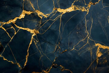 A black and gold marble pattern with a dark blue background. The gold veins have cracks and crevices, adding a sense of depth and texture to the image